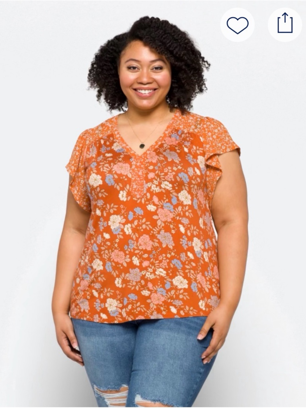 Plus Size Floral V-Neck Flutter Sleeve Blouse in Burnt Orange